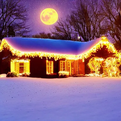 Image similar to a little house on a snowy night, full moon, christmas lights, santa claus approaching the house