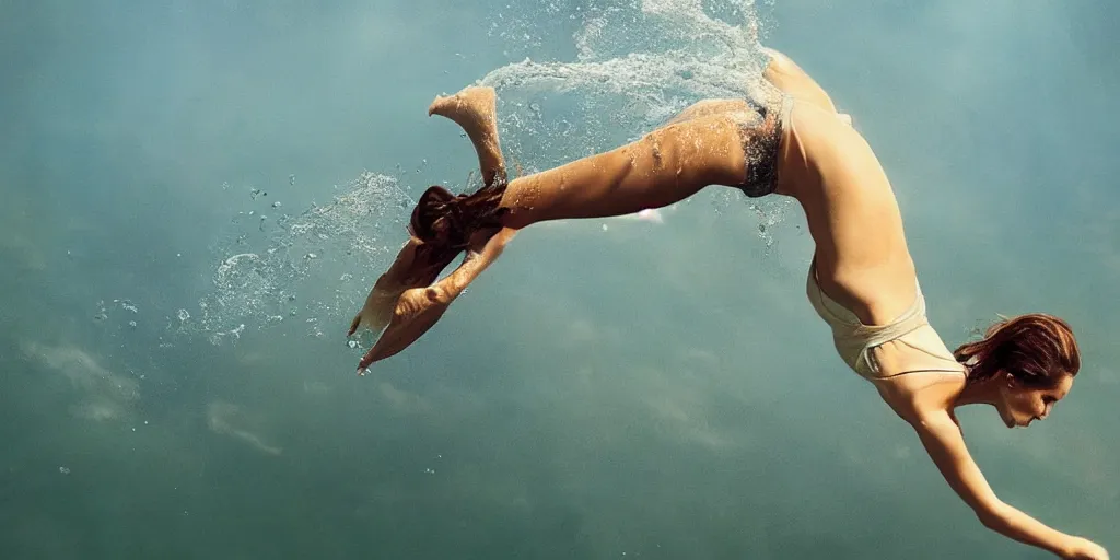 Prompt: a beautiful woman diving into a lagoon, detailed, photorealistic, dramatic