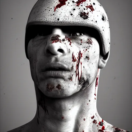 Image similar to portrait of a 5 0 year old soldier with vertical grooves on his nose, angular eyebrows, wearing blood - spattered glossy sleek white dinged scuffed armor and a long torn red cape, heroic posture, battle - weary, strained expression, determined expression, no helmet, on the surface of mars, dramatic lighting, cinematic, sci - fi, hyperrealistic, detailed