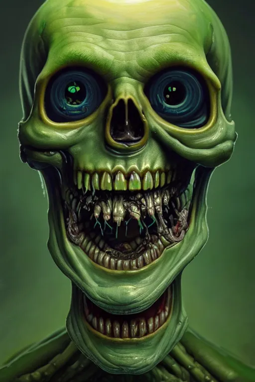 Image similar to a beautiful oil painting hyperrealism of a happy smiling zombie head, green bulging eyes, rotten green skin, grey beard, blue veins, skull bones, moody lighting, 8 k resolution, octane render, trending on artstation, by h. r. giger and greg rutkowski