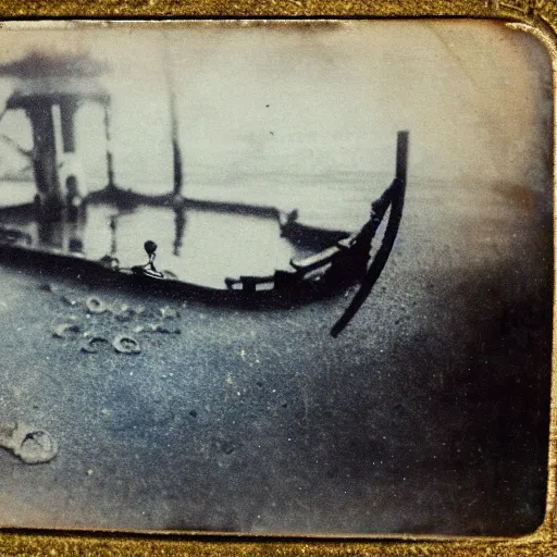 Prompt: tintype photo, swimming deep underwater, sunken ship