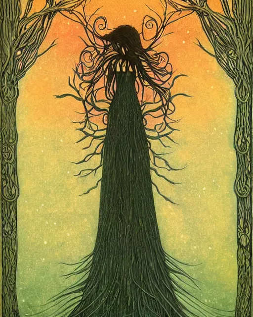 Image similar to tarot card, haunted woods, Art nouveau, by andy kehoe