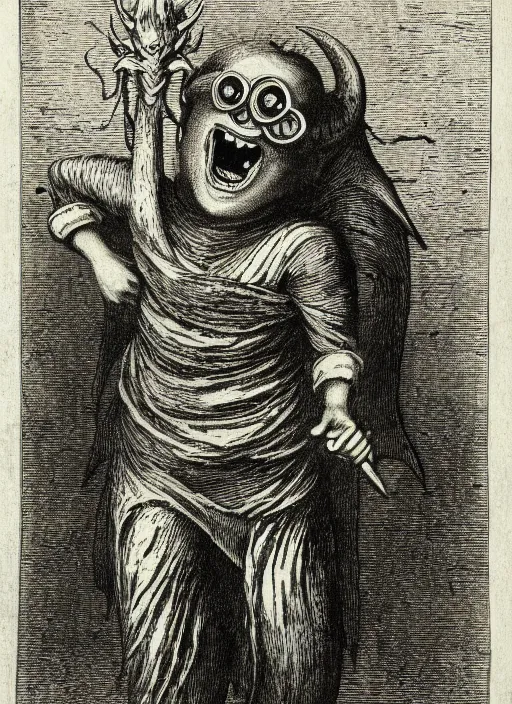 Prompt: a minion as a demon from the dictionarre infernal, etching by louis le breton, 1 8 6 9, 1 2 0 0 dpi scan, ultrasharp detail, clean scan