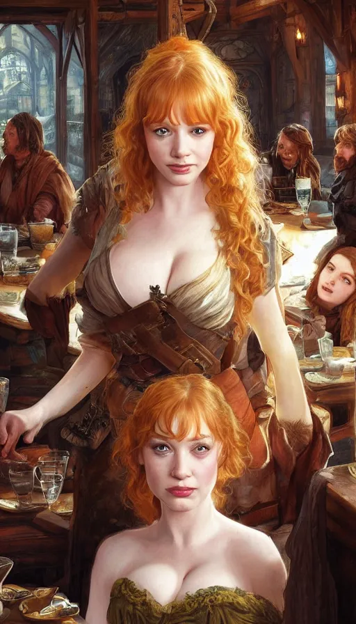 Prompt: young christina hendricks in a tavern, surprised expression on her face, she is surprised, warhammer, lord of the rings, intricate, highly detailed, digital painting, artstation, concept art, smooth, sharp focus, illustration, unreal engine 5, 8 k, art by artgerm and greg rutkowski and alphonse mucha