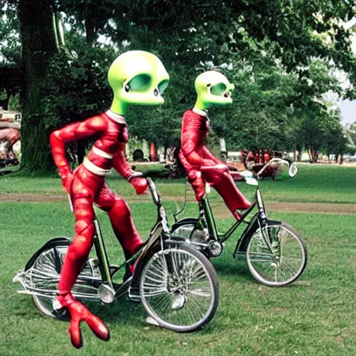 Prompt: The Mars Attacks aliens have a grand old time riding a tandem bicycle through the park.