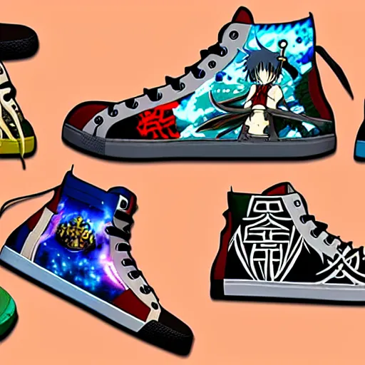 Image similar to fantasy anime jrpg sneaker design designed by studio ghibli, chrono trigger guilty gear style, aztec mayan street fashion native punk sneaker design, hip hop sneaker design with subtle mayan patterns, gapmoe yandere grimdark, trending on pixiv fanbox, painted by greg rutkowski makoto shinkai takashi takeuchi studio ghibli, akihiko yoshida