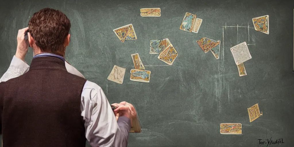 Prompt: back shot of male accountant examining the mysteries of tarot cards on a magical blackboard, fantasy art, matte painting, high quality, digital painting, artwork by terryl whitlatch