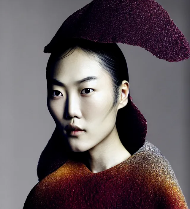 Image similar to photography facial portrait of liu wen, natural background, natural pose, wearing stunning cape by iris van herpen, with a colorfull makeup. highly detailed, skin grain detail, photography by paolo roversi, nick knight, helmut newton, avedon, araki