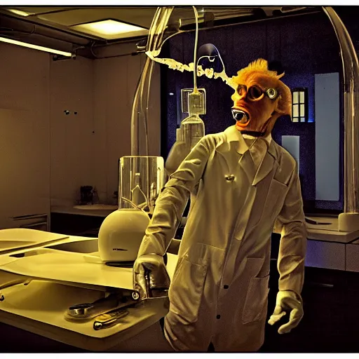 Prompt: a scientist in his futuristic lab. from his mouth is flowing a river of milk which is entering the mouth of an android. realistic. 3 5 mm. hdr. 8 k