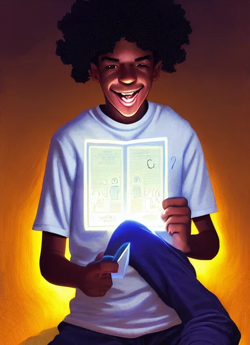 Image similar to portrait of teenage chuck clayton, black teenage boy, very short curly hair, very short hair, square jaw, slight excited smile, reading archie comic book, intricate, elegant, glowing lights, highly detailed, digital painting, artstation, concept art, smooth, sharp focus, illustration, art by wlop, mars ravelo and greg rutkowski