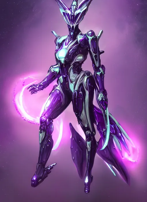 Image similar to cinematic close shot, galactic sized proportional stunning beautiful hot female warframe, sleek mecha goddess dragon head, metal ears, led purple eyes, smooth fuschia skin, smooth silver armor, floating in space, holding a galaxy, epic proportions, epic size, epic detail, furry art, dragon art, giantess art, warframe fanart, furaffinity, octane