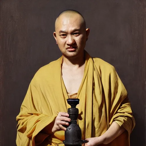 Prompt: attractive hyena wearing a monk robes holding invense burner. natural lighting by ruan jia, portrait