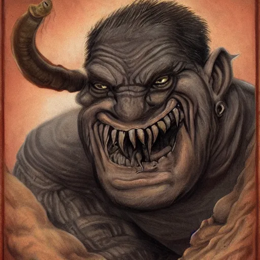 Prompt: grimpunk vile reprobate portrait portrait Cyclops Ogre grimaces with horrible tusks face eye nose septum ring ears Dave Dorman