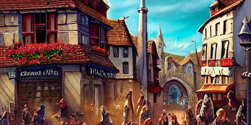 Image similar to a busy street within a fascinating old fantasy city, quirky shops, narrow streets, old buildings, old stone steps, street life, by Sylvain Sarrailh, cinematic, stunning composition, beautiful digital painting, oil painting, dungeons and dragons, lord of the rings