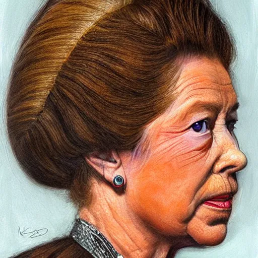 Image similar to ultra - realistic head and shoulders portrait painting of the queen. art by ken kelly. 4 k. ultra - realistic. highly detailed. epic lighting