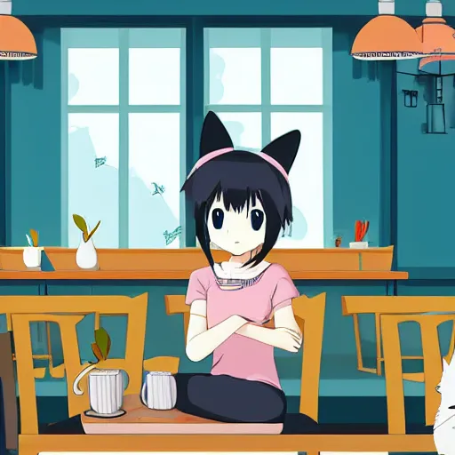 Image similar to anime cute girl with cat ears and cat tail sitting in a cafe looking at camera, moescape, studio ghibli, digital art, clean lines, cartoon