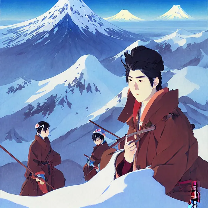 Image similar to japanese mountains, winter, in the style of studio ghibli, j. c. leyendecker, greg rutkowski, artem