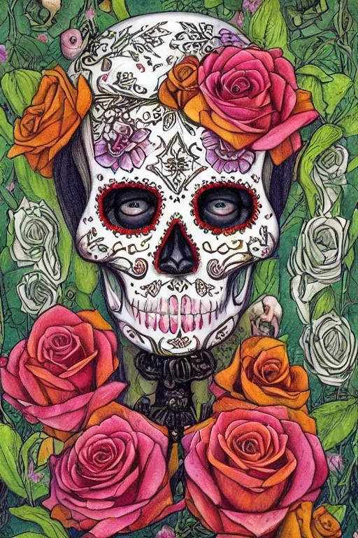 Prompt: Illustration of a sugar skull day of the dead girl, art by daniel merriam