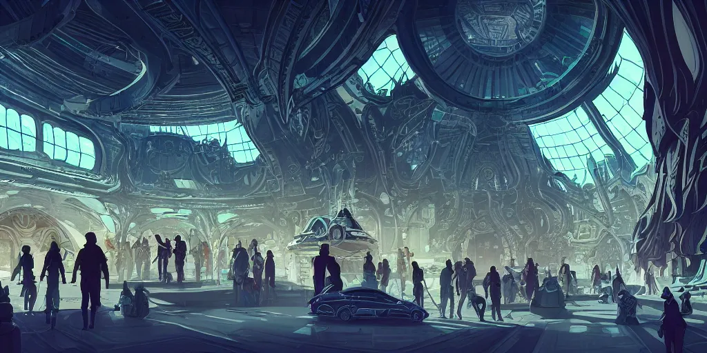 Prompt: cel shaded cinematic shot of the interior of a sci-fi space station with ornate Elven architecture bustling with people, cars, epic castle, emerald, crystalline, detailed illustration, sharp focus, concept art