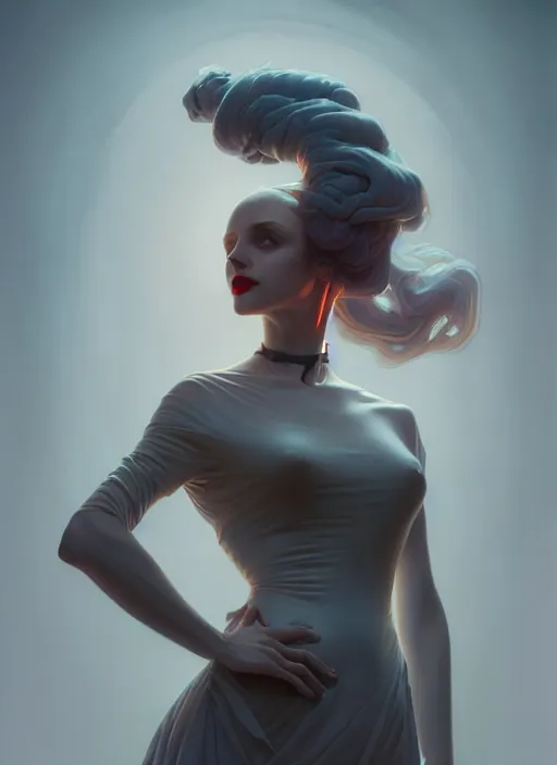 Image similar to leyendecker, michael whelan, abstract foggy girl, goth, ultra high detailed, glowy, sweet night ambient, fog, photorealistic, octane render, photorealistic environment, by greg rutkowski, brom, ferdinand knab, rossdraws, tom bagshaw, alphonse mucha, global illumination, radiant light