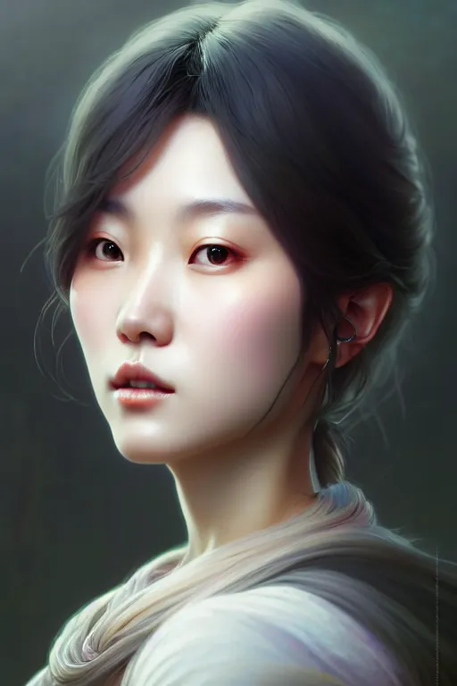 Prompt: beautiful digital painting of lee jin - eun gray background with high detail, 8 k, stunning detail, works by artgerm, greg rutkowski and alphonse mucha, unreal engine 5, 4 k uhd