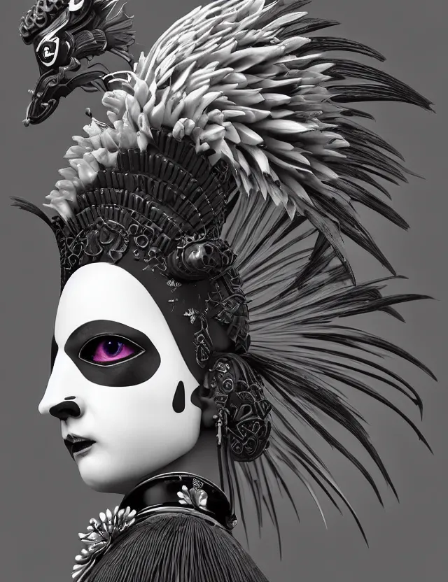 Image similar to 3 d goddess close - up profile simple portrait punk with mohawk with ram skull. beautiful intricately detailed japanese crow kitsune mask and clasical japanese kimono. betta fish, jellyfish phoenix, bio luminescent, plasma, ice, water, wind, creature, artwork by tooth wu and wlop and beeple and greg rutkowski