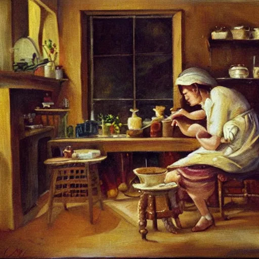 Image similar to a homey cozy painting of a mother baking in her kitchen