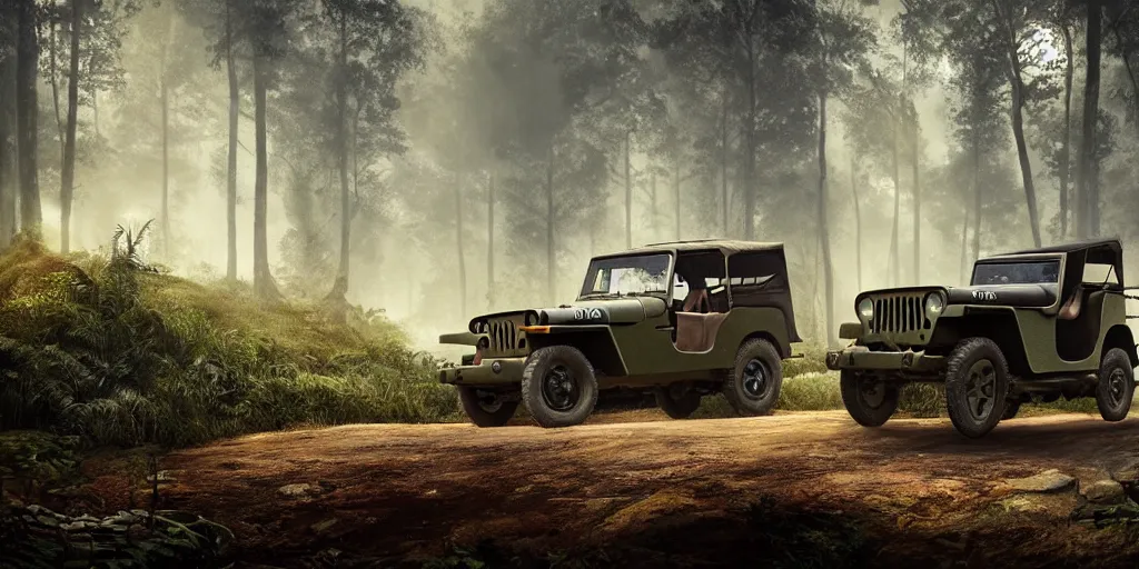 Image similar to willys jeep, in kerala forest road in 1921, chasing action scene, an epic fantasy, dramatic lighting, cinematic, establishing shot, extremely high detail, photorealistic, cinematic lighting, matte painting, artstation, by simon stalenhag, shadow of the tomb rider