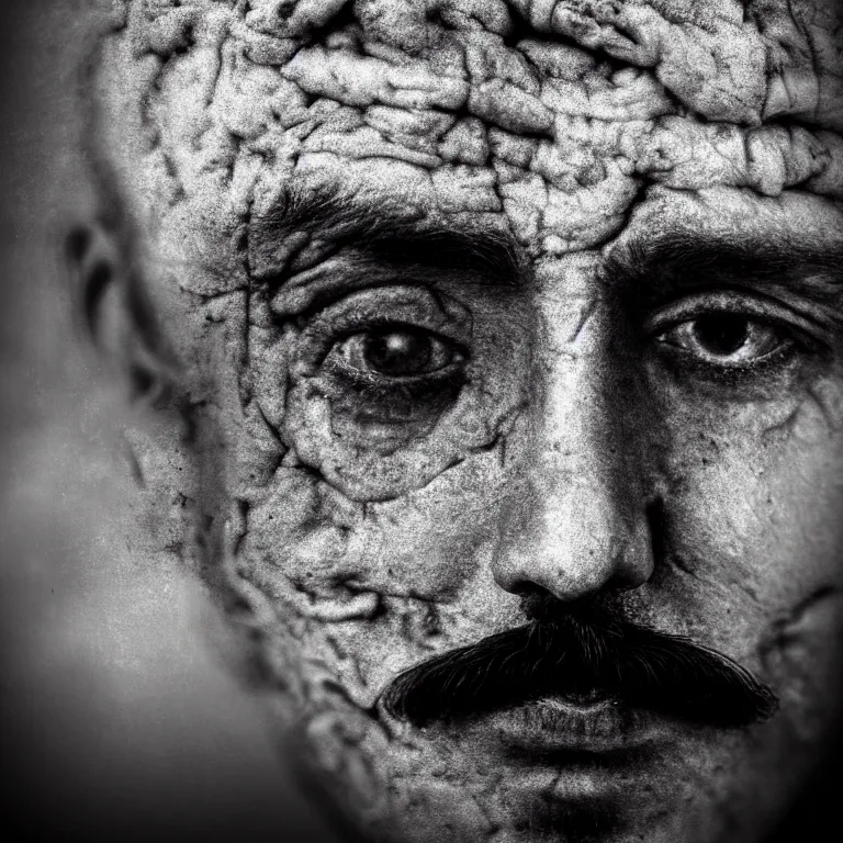 Image similar to surreal closeup portrait photo of man face by Salvador Dalí, Dalion exoplanet, baroque painting, desolate empty wasteland, creepy, nightmare, dream-like heavy atmosphere, dark fog, surreal abandoned buildings, baroque painting, beautiful detailed intricate insanely detailed octane render trending on Artstation, 8K artistic photography, photorealistic, volumetric cinematic light, chiaroscuro, Raphael, Caravaggio, Beksinski, Giger, Dali