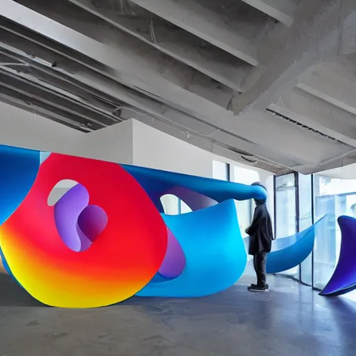 Prompt: : smooth hyperbolic abstract shapes with hyper color glossy coating museum art installation