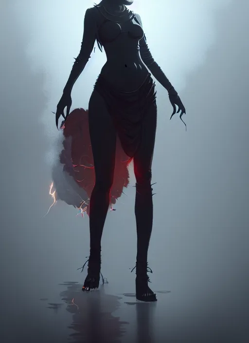 Image similar to satan daughter, wearing, outfit, clothes, full body, fire, hell, lightning, pyromancer, intricate, elegant, highly detailed, digital painting, artstation, concept art, smooth, sharp focus, illustration, ethereal, misty, by ilya kuvshinov and jeremy mann, 8 k, octane render