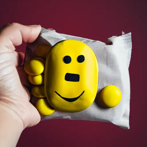 Image similar to yellow m & m with face holding a bag of white powder in its hands