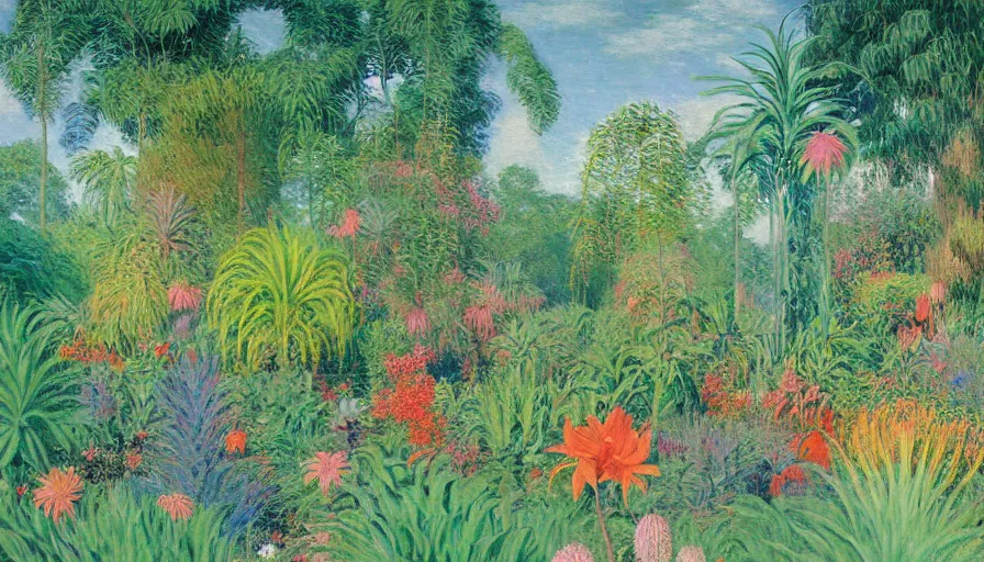 Prompt: a painting by monet, bosch, wayne barlowe, agnes pelton, rene magritte of a botanical garden full of tropical plants, huge plants, succulents, very colourful, vivid colourful plants, lush garden