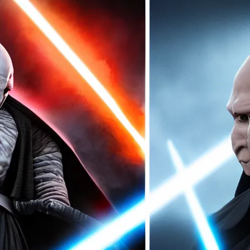 Image similar to photo of voldemort vs darth vader, 8 k cinematic