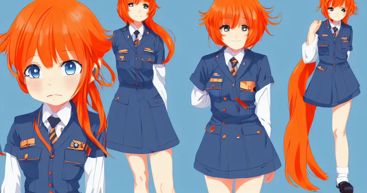 Prompt: very beautiful young anime girl with orange hair, dressed in soviet pioneer uniform, full body, sky blue eyes, full round face, front view, middle, highly detailed, colored manga drawing by wlop popular on artstation