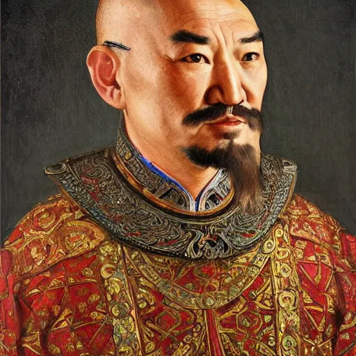 Image similar to a stunning and noble highly detailed romantic period style portrait of Genghis Khan by Josep Tapiró Baró, trending on artstation, oil painting masterpiece, symmetry, fractals, Mongolian iconography