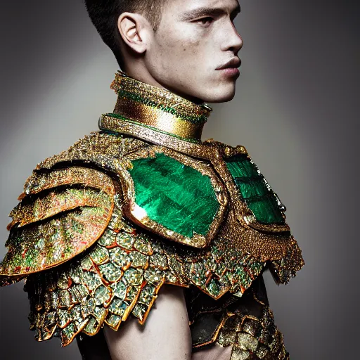 Prompt: a portrait of a beautiful young male wearing an alexander mcqueen armor made of emeralds , photographed by andrew thomas huang, artistic