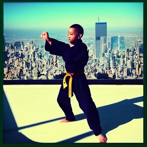 Image similar to “ corey in the house doing karate at the top of the world trade center ”