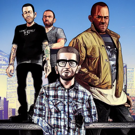 Prompt: Linkin Park in GTA V, cover art by Stephen Bliss, artstation
