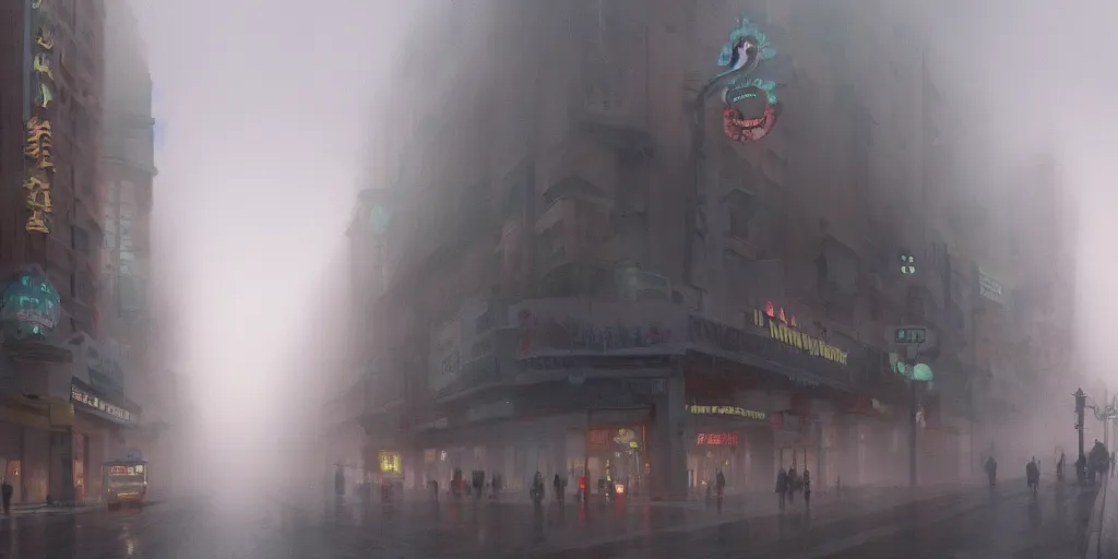 Image similar to street at las vegas, foggy rainy day, matte painting, studio ghibli, artstation