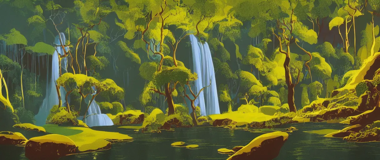 Image similar to eyvind earle disney background art of a beautiful waterfall in a forest