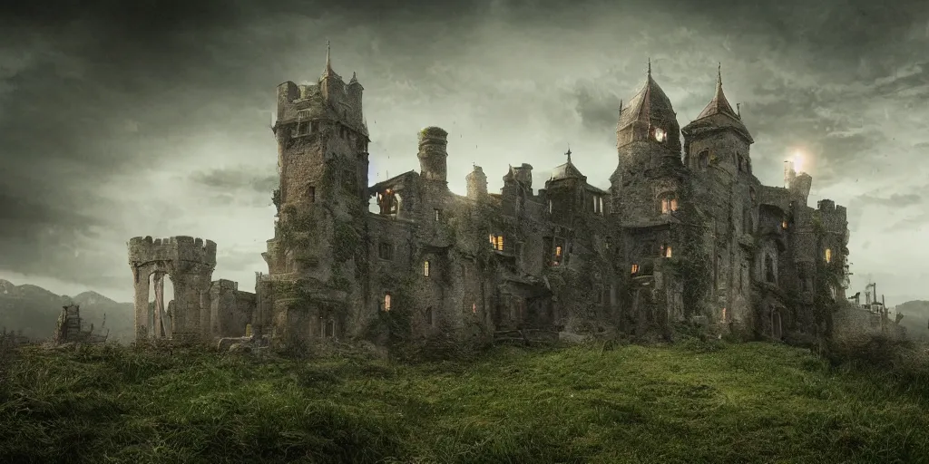 Image similar to matte painting, castle, dramatic landscape, overgrown, cinematic, overcast, lantern light