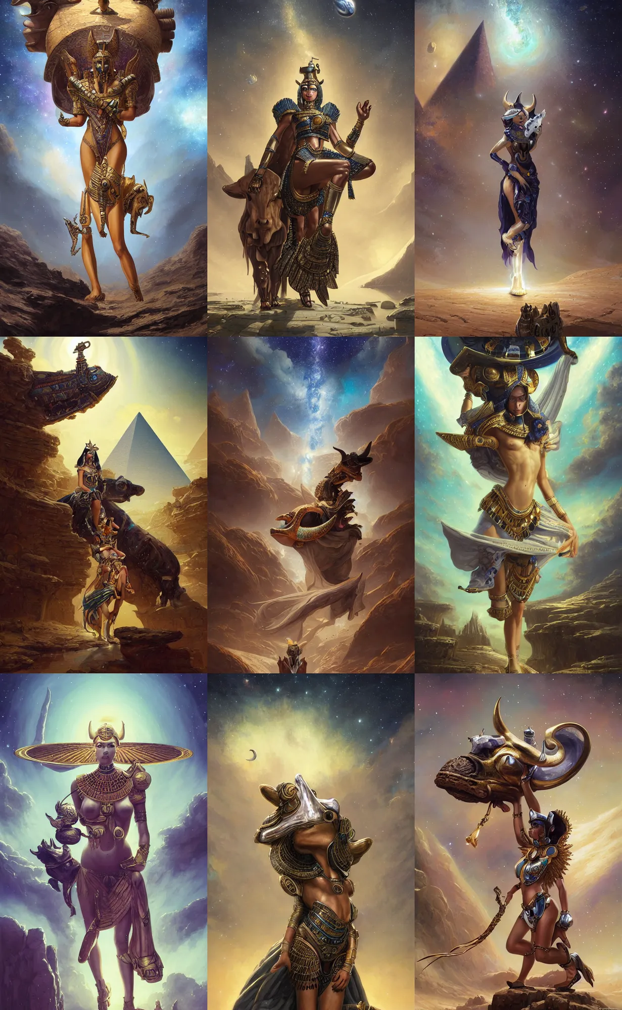 Prompt: milky way background, egyptian goddess with cow head, full body shot, highly detailed, digital painting, artstation, concept art, sharp focus, illustration, orientalism, art by aleksi briclot and mohrbacher and raphael lacoste and magali villeneuve