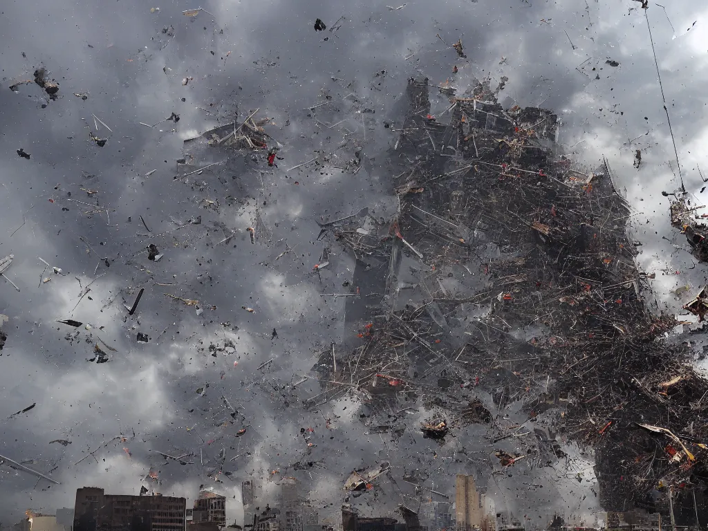 Prompt: pieces of giant skyscrapers suspended in air, falling from sky, with debris and destruction falling from sky, mid air, debris flying around