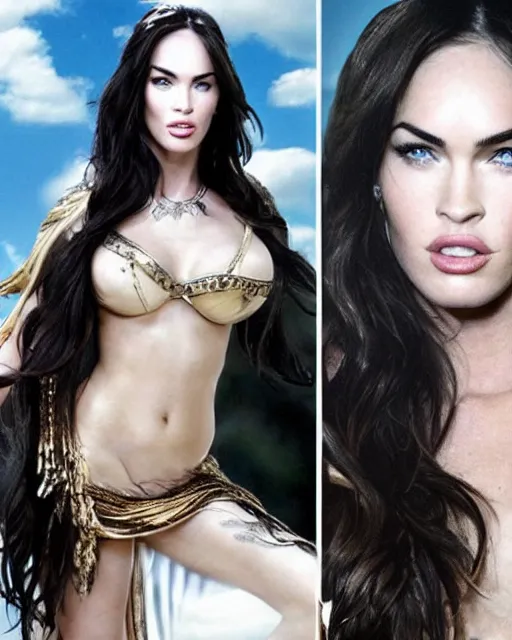 Prompt: megan fox as a hot Greek goddess in the sky, highly detailed, detailed face, beautiful face