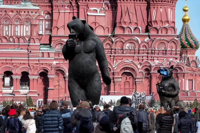 Image similar to a gigantic statue of bear holding a bottle of vodka in the middle of the red square, excited russians, symmetry, awesome exposition, very detailed, highly accurate, 8 k