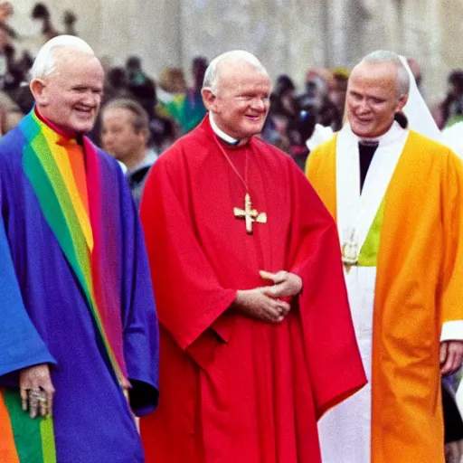 Image similar to John Paul II wearing a lgbt colored robe