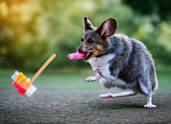 Image similar to photo still of a dog chasing a mouse while eating a popsicle, 8 k, 8 5 mm f 1. 8