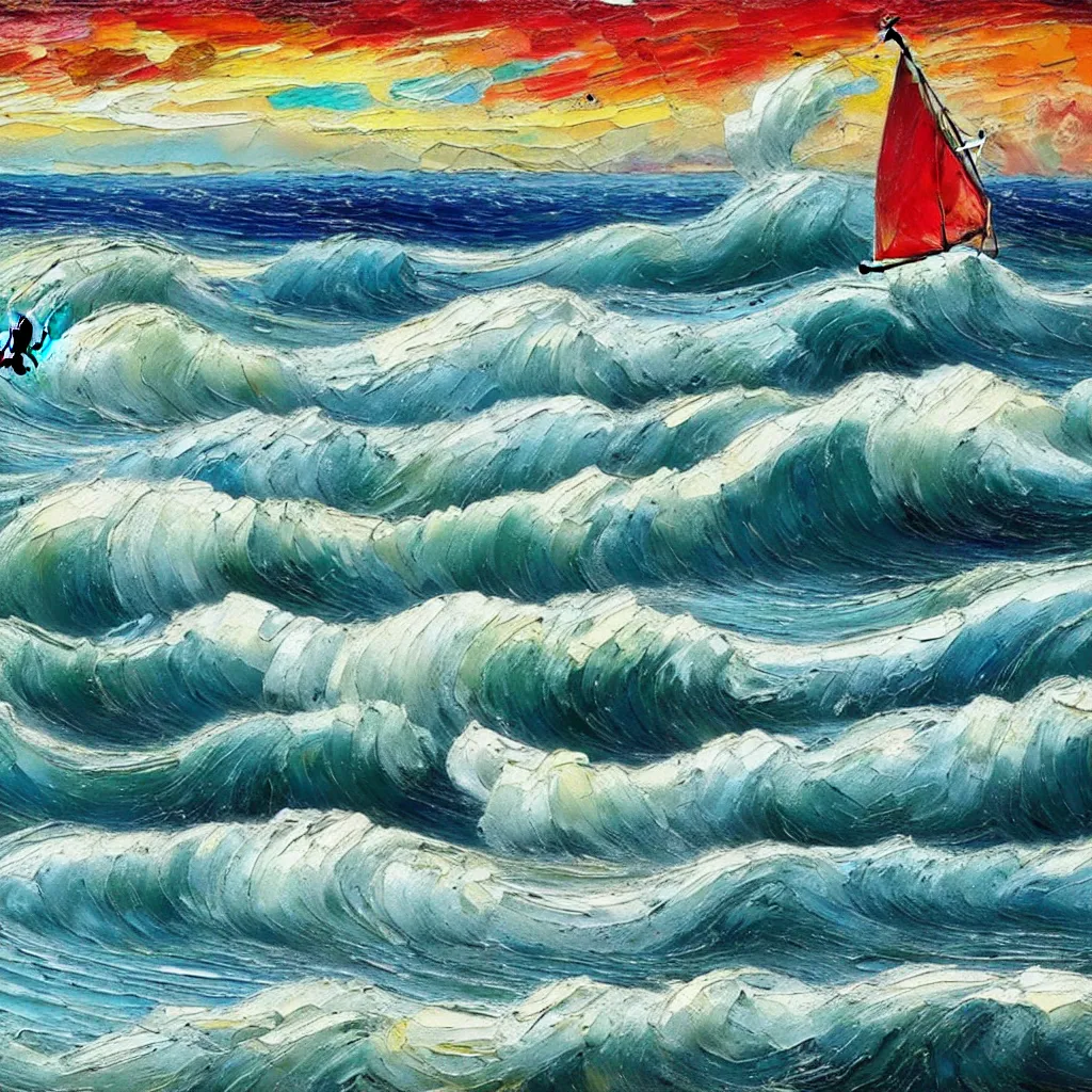 Prompt: Giant threatening beautiful Rolling waves, with a distant, dull red sailed yacht in the style of Jackson Pollack, with lots of stumbling, stumbled thick oil paint and painted in a style of painting similar to Van Gogh but more impasto and less hatching