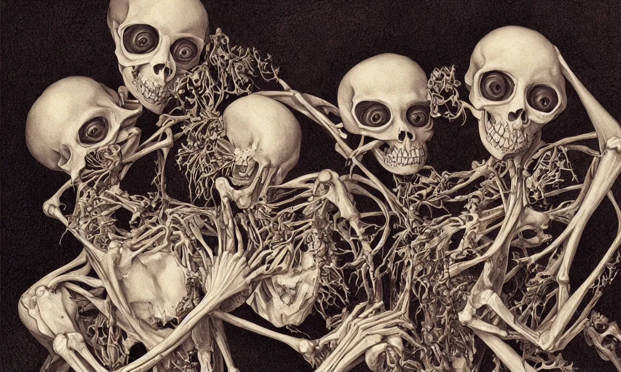 Prompt: intertwined bodies with large eyes and lips laying in bed, feeling an existential dread of love, HD Mixed media, highly detailed and intricate, skeletal, botany, surreal illustration in the style of Caravaggio, baroque dark art